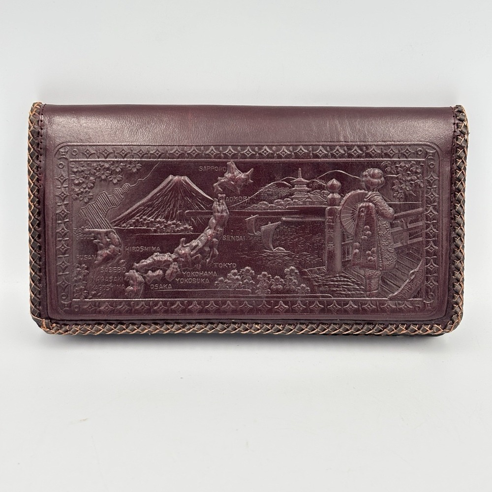 Vintage Embossed Leather Wallet Japanese Japan Map Dragon Bi-fold Dark Brown